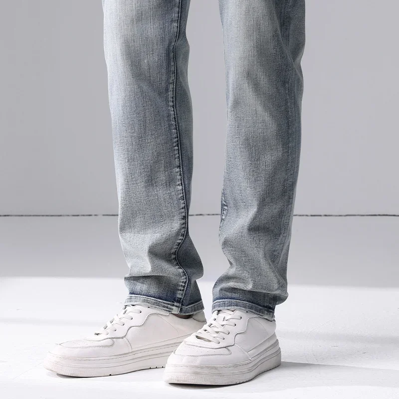 Printemps automne coton hommes bleu mince jean droit affaires décontracté Stretch Denim pantalon mâle marque pantalon ample