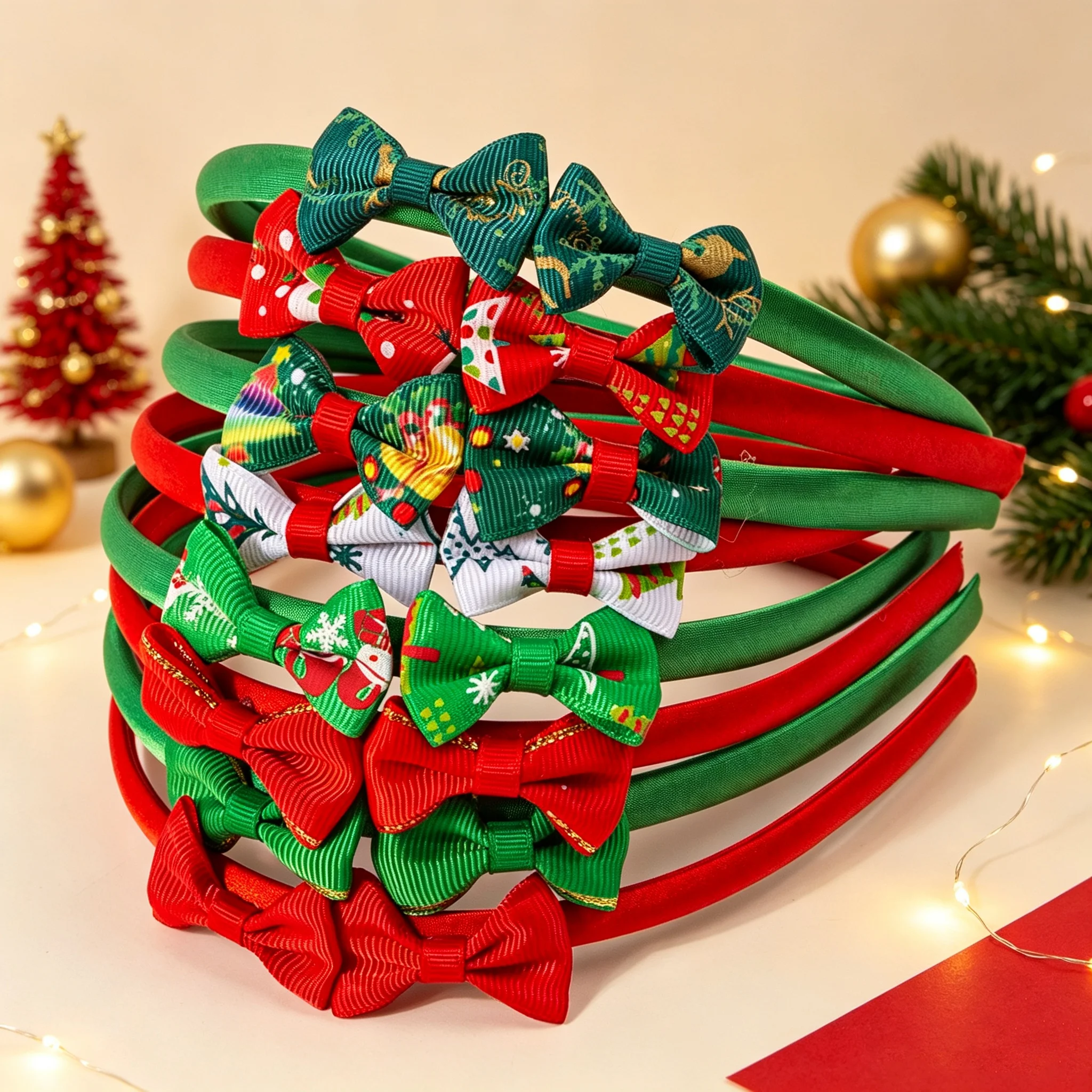 4/8PCS Christmas Bow Headbands Set – Red Green Holiday Hair Hoops Bulk Pack for Christmas Party, Photo Booth & Gift Giving