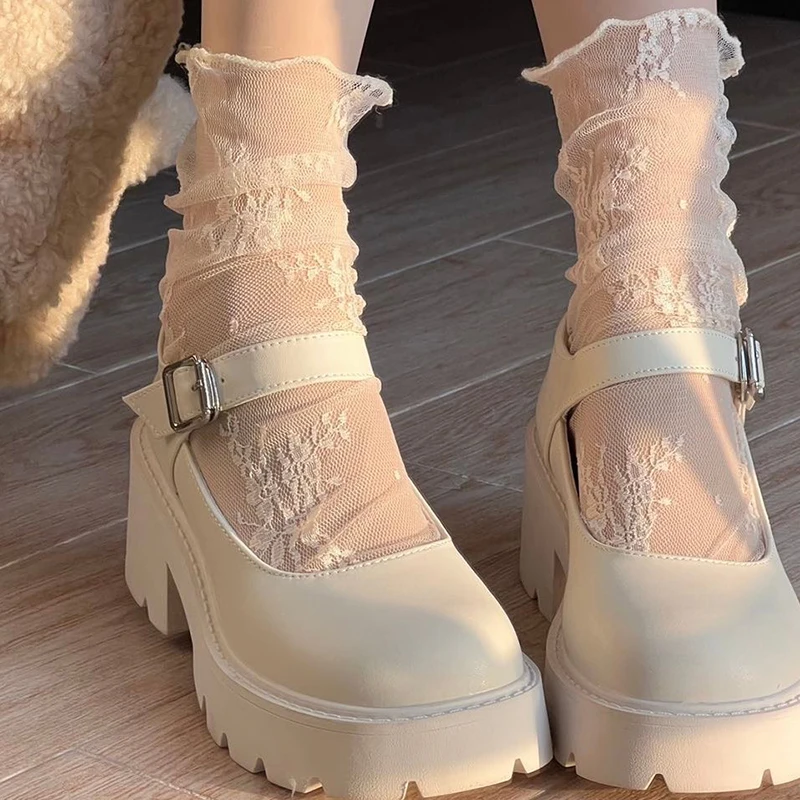 Summer Women Ultra Thin Floral Sexy Transparent Ice Glass Filament Long Tube Korean Lace Medium Tube Crystal Socks Lolita Socks