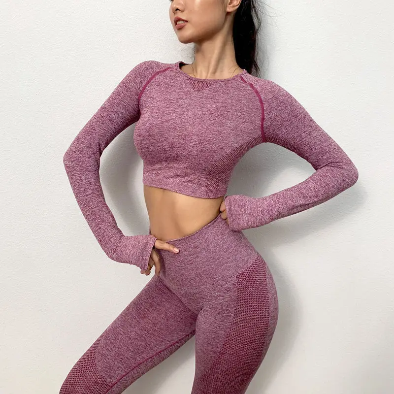 Conjunto de Yoga sin costuras para mujer, ropa deportiva de entrenamiento, traje de manga larga para gimnasio, leggings de Fitness, entrenamiento de cadera, 2022