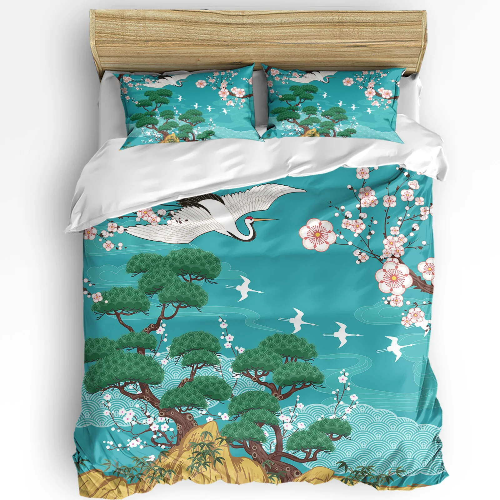 

Japanese Style Crane Cherry Blossom Vintage 3pcs Bedding Set For Double Bed Home Textile Duvet Cover Quilt Cover Pillowcase