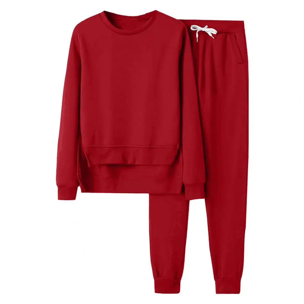 

Elastic Waist Trousers Set Women Top Pants Suit Women's 2-piece Round Neck Irregular Hem Long Sleeve Top Drawstring Elastic