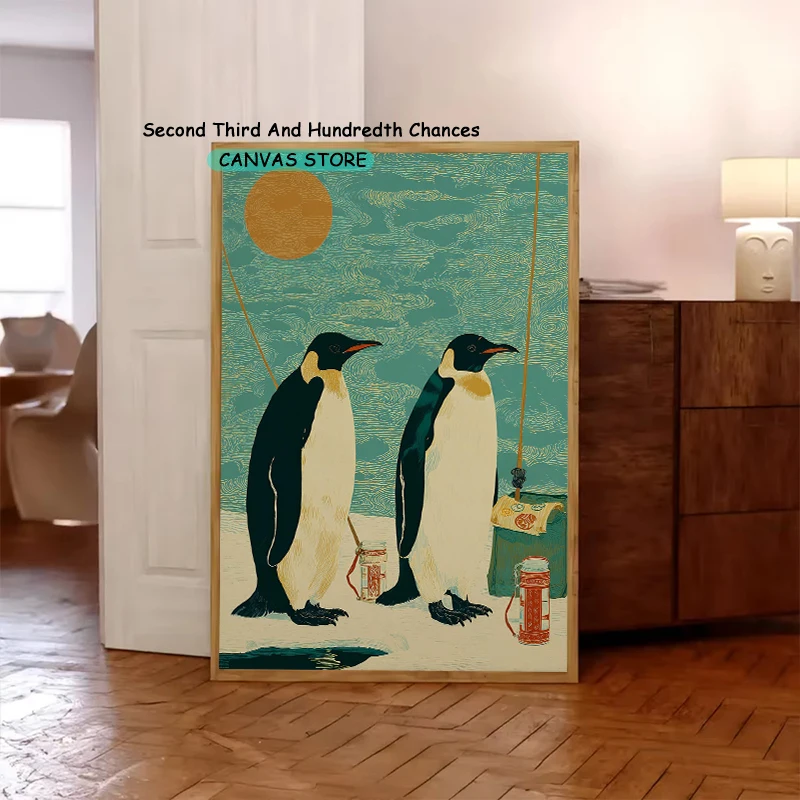 Penguin Ice Fishing Winter Funny Animals Ice Fishing Artwork Angle for Fish Home Decor Poster Canvas Painting Wall Pictures Gift