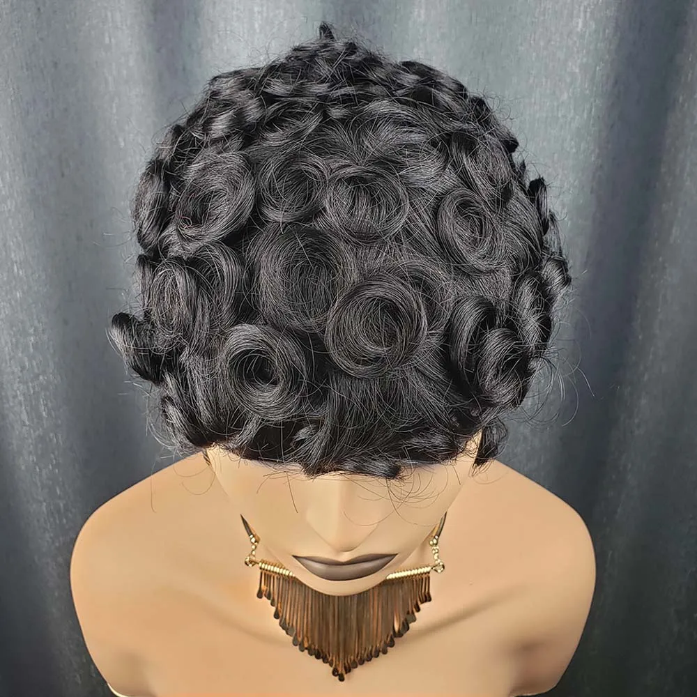 짧은 픽시컷 가발 인모 픽시컷 가발 내추럴 블랙 컬러 곱슬머리 풀머신메이드 가발 (흑인 여성용)