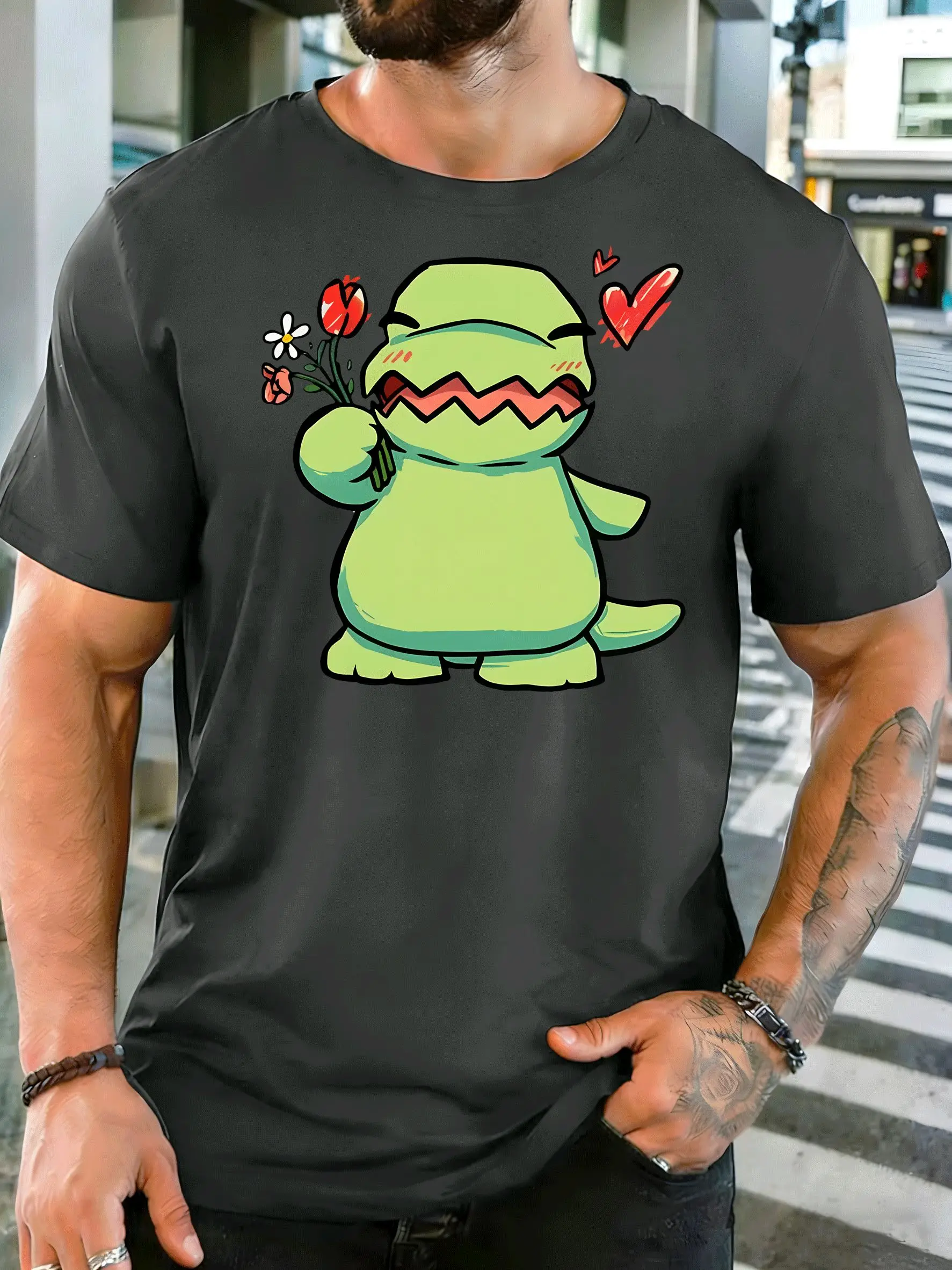 Men Short Sleeve T Shirt Cute Dinosaur Flower Graphic Tee Love Heart Print Tops Summer Soft Cotton Casual Street For Adult Male