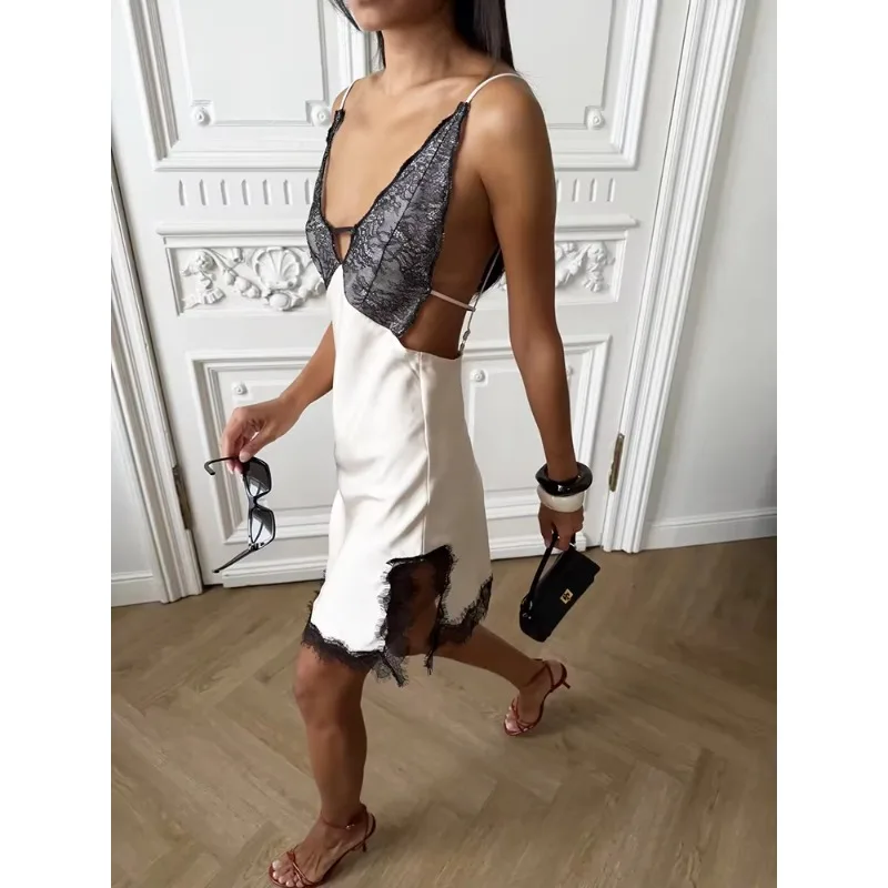 Women Lace Patchwork Above Knee Dress Spaghetti Strap V Neck Sleeveless Backless Split Club Party