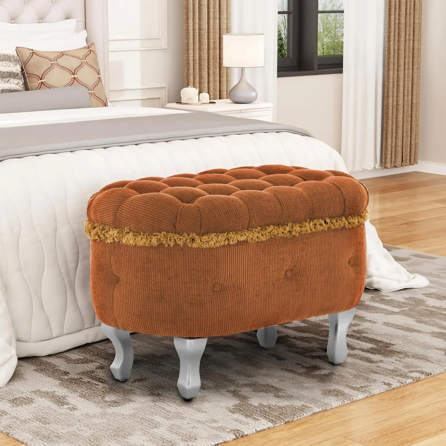 Mid Century Modern Fabric Upholstered Ottoman With Storage, Wooden Living Room Sofa Ottoman Footrest, Entryway Storage Toy Box Foot Stool Accent Furniture for Bedroom, Orange