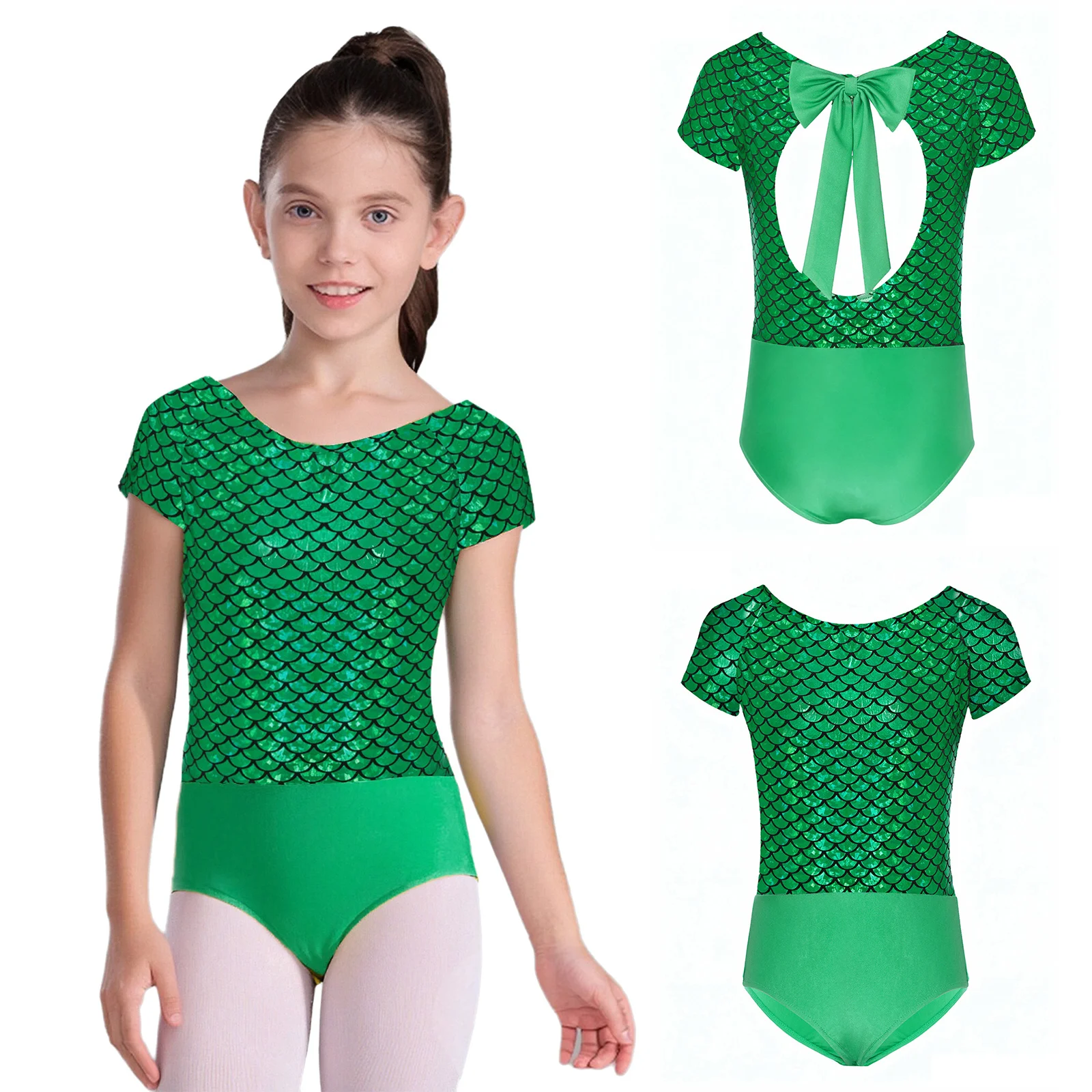 أطفال فتاة معدنية مقياس السمك طباعة الباليه ملابس رقص الجاز قصيرة الأكمام Bowknot انقطاع الظهر بذلة الباليه ملابس الرقص الغنائية