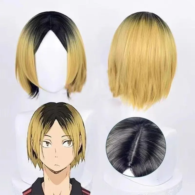 Kozume Kenma Cosplay Wig 30cm Short Golden Black Dyed Kenma Kozume Anime Wigs Heat Resistant Synthetic Wigs Halloween Party
