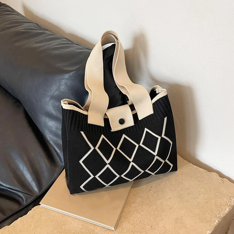 Handgefertigte Strick-Handtasche für Damen, Mini-Knoten-Handgelenktasche, lässige Damen-Tragetasche mit breiten Streifen und Karomuster, wiederverwendbare Einkaufstasche für Studenten