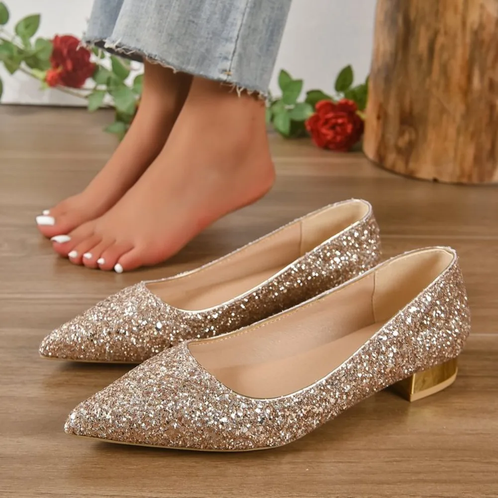 

Silver Low Heels Pumps Women Spring Autumn Shiny Sequins Pointed Toe Party Shoes Woman Plus Size Simple Thick Heeled Shoes Lady