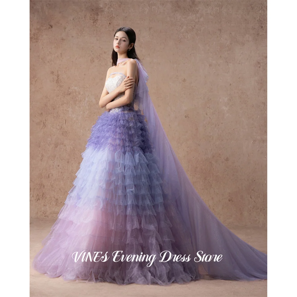VINES Gradient Lavender Party Dress Strapless Draped Neck Scarf Evening Dress Tiered Tulle فساتين السهرة for Wedding Customized