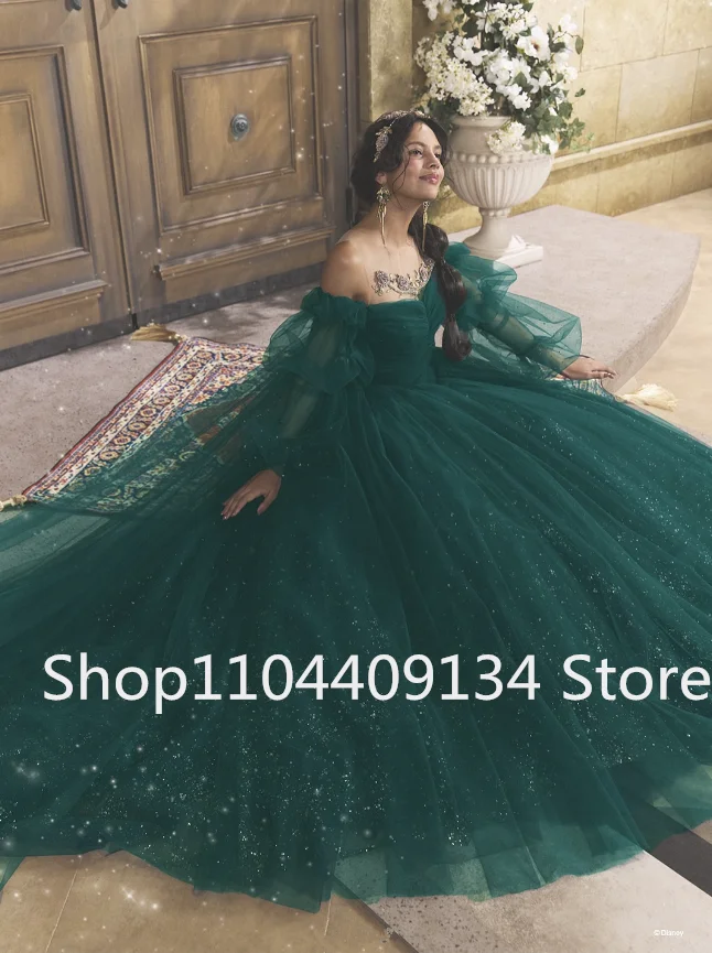 Vestidos de fiesta de princesa Aladino de color verde esmeralda brillante con hombros descubiertos, manga larga, vestido de noche de celebridad Gillter Fiarytal personalizado