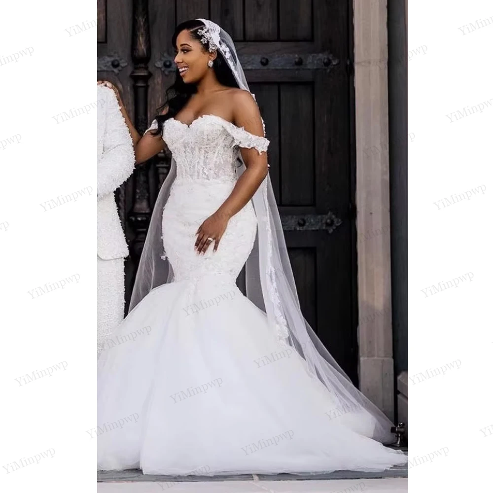 African Mermaid Wedding Gowns For Brides 2026 Off Shoulder Applique Lace Up Closure Sweep Train Beaded Bridal Gowns Customized