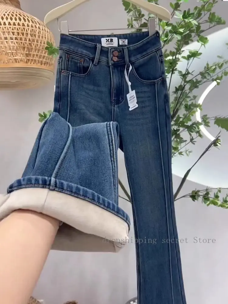 Straight Jeans Female 2025 Autumn Winter High-waisted Padded Foreign-style Loose Casual Trousers