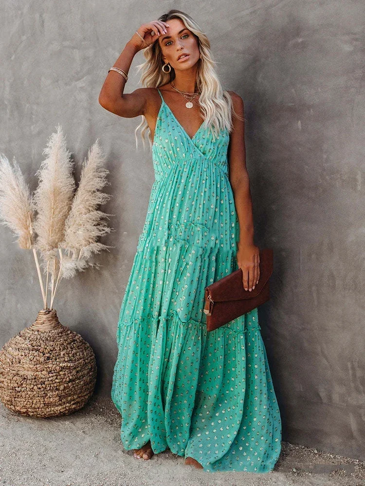 Vestido maxi longo sem mangas feminino, decote em v, alça de espaguete, boho, sem encosto, plissado, robe solto de praia, verão