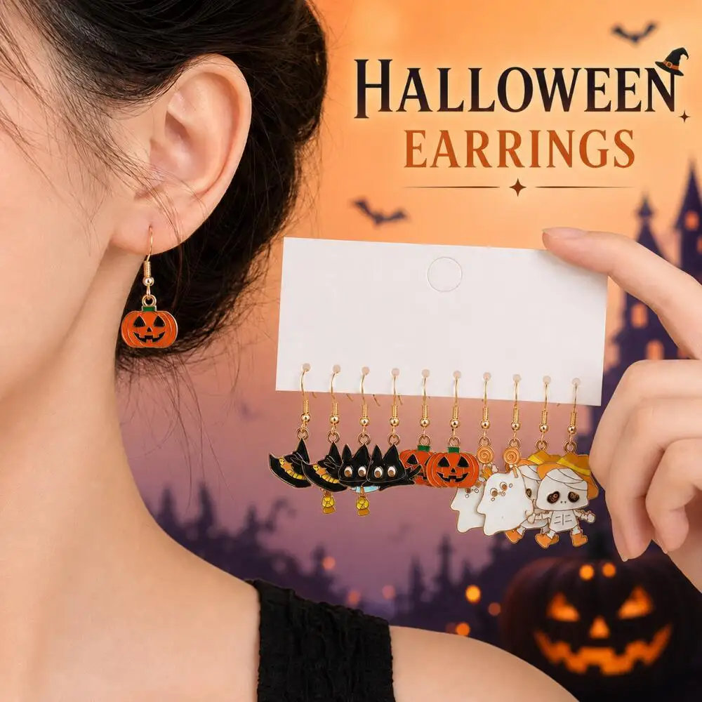 5 Pairs Halloween Enamel Dangle Earrings Witch Hat Broom Black Cat Pumpkin Mummy Holiday Party Costume Jewelry Gift