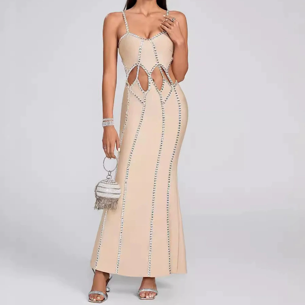 

Fashion custom vertical diamond suspender bandage dress sexy V-neck backless waist hollow design long dress-GZXX789