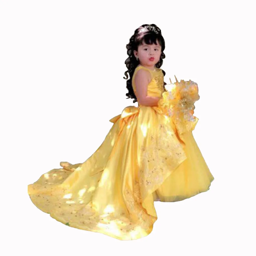 

Yellow Flower Girl Dresses for Wedding With Train Toddlers Beaded Appliques Tulle Princess Pageant Dress Bow Birthday Party Gown