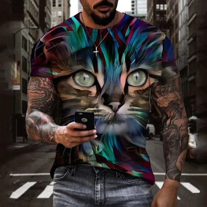 2025年ファッション 3Dアニマルプリント 猫柄Tシャツ 夏ファッション 半袖 クール メンズ カジュアル ストリートウェア ヒップホップ