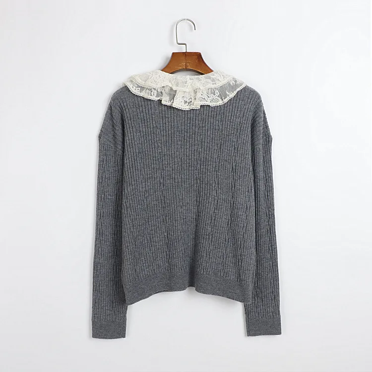 Costume en tricot côtelé gris pour femme, pull à manches longues, col à volants en dentelle blanche + jupe plissée taille haute, ensemble deux pièces, automne 2026