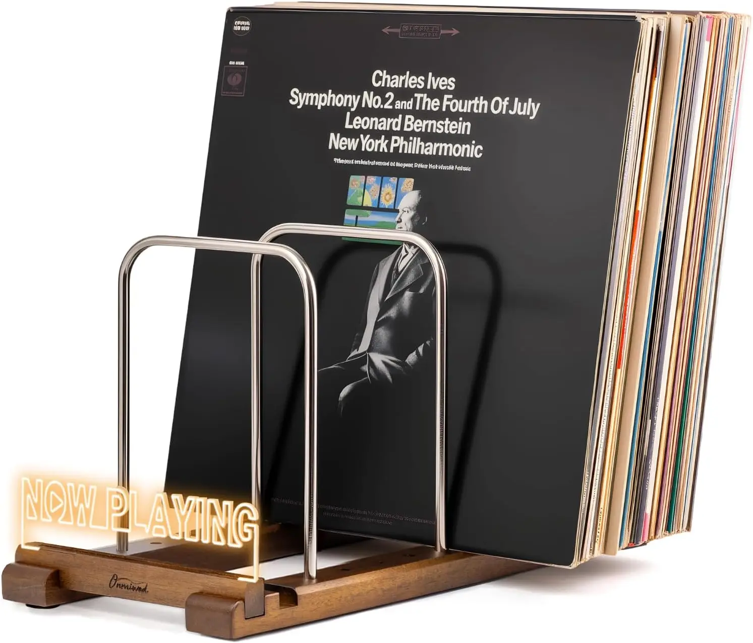 

Light Up Now Playing Vinyl Record Stand, Wooden Album Storage Organizer for 75 LPs, Music Lovers Gift