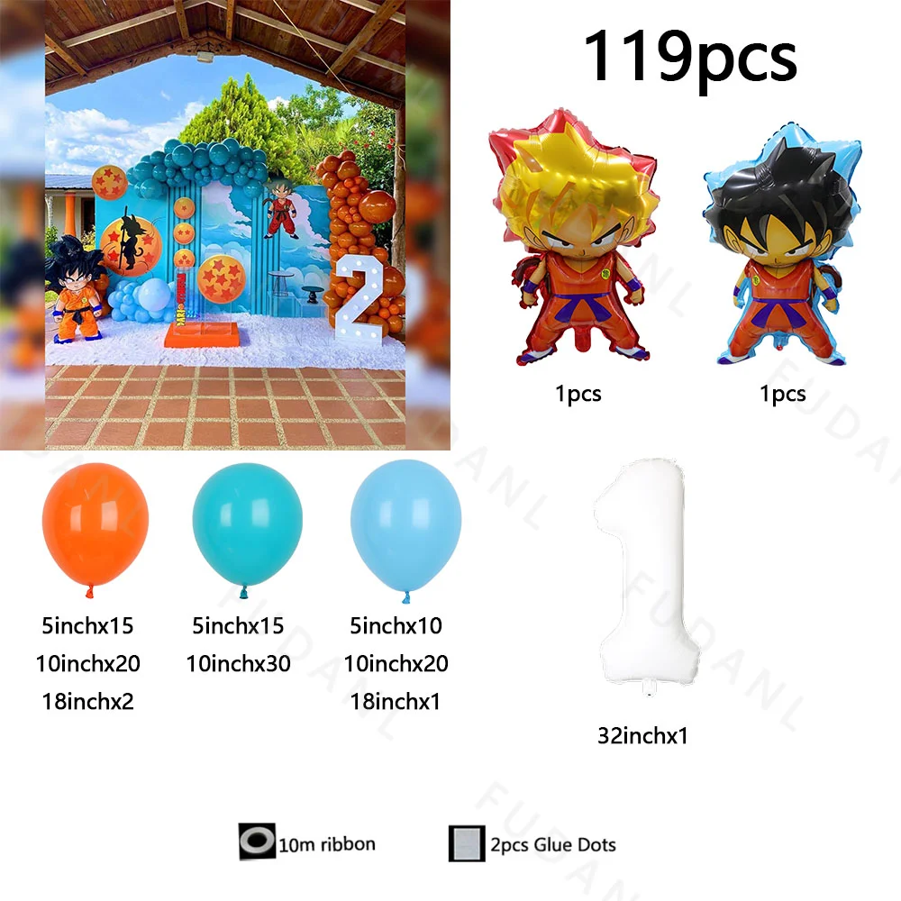 119pcs Cartoon Dragon Ball Goku Themd Balloon Arch Set Orange Blue Latex Balloons Boy Birthday Party Decor Baby Shower Kid Toy