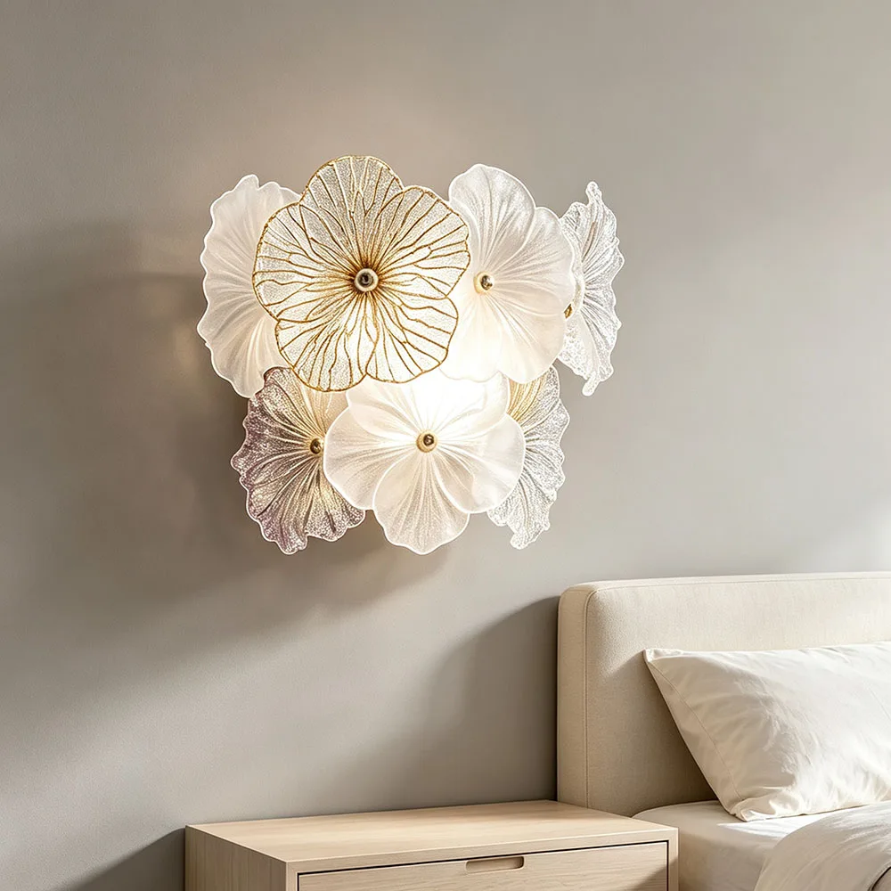 Multi Floral Glass Metal Wall Sconce Handmade Petal Shape Decor Wall Light for Bedroom Entryway Corridor