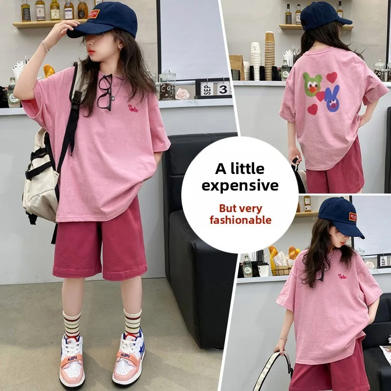 Summer Girls Cotton Alphabet Prints T-Shirt Tops+Plain Shorts Pant Workout Sets School Kids 2PCS Tracksuit Child Outfits 5-16 Yr