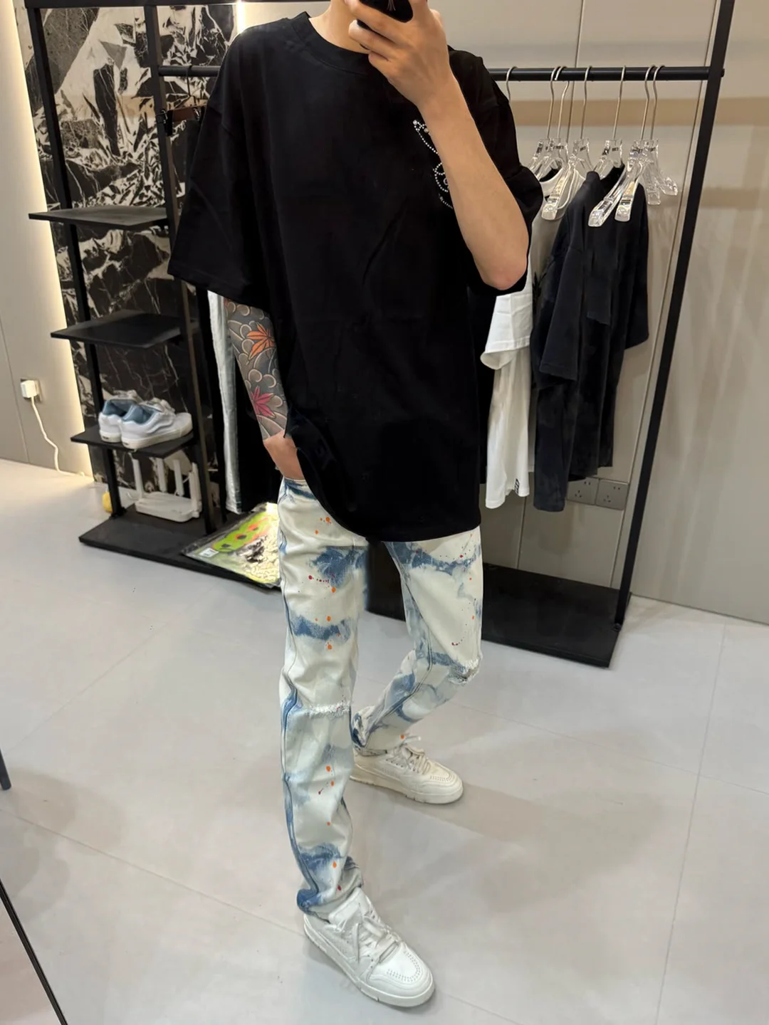 

Waed Blue adient Dyed Men's Jeans American Straight Leg Tie Dye Sli High Waist Slim Fit Casual Long Pants