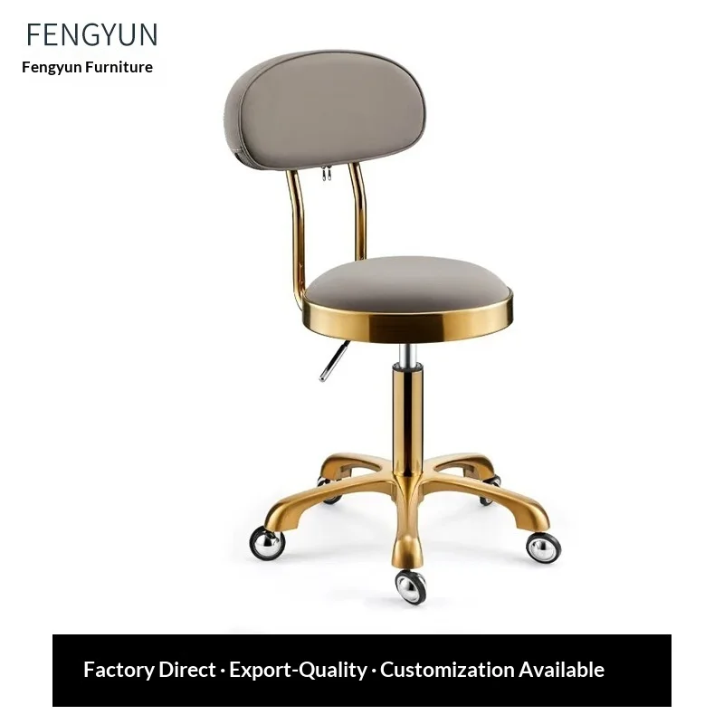 Rotating Adjustable Foldable Modern Round Stool with Stainless Steel Backrest and Casters for Hair Salons