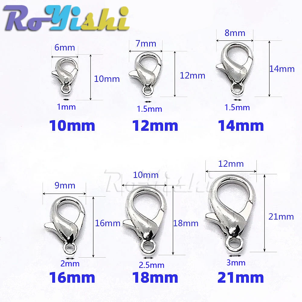 50 Pcs/Pack 10mm-21mm 9 Colors Plated Fashion Jewelry Findings Alloy Lobster Clasp Hooks for Necklace&Bracelet Chain DIY