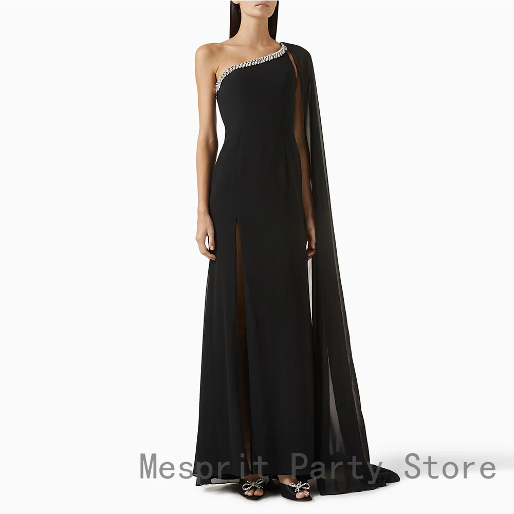 우아한 블랙 여성 이브닝 드레스 원 숄더 구슬 댄스 파티 드레스 바닥 길이 슬릿 공식 파티 가운 민소매 사우디 드레스