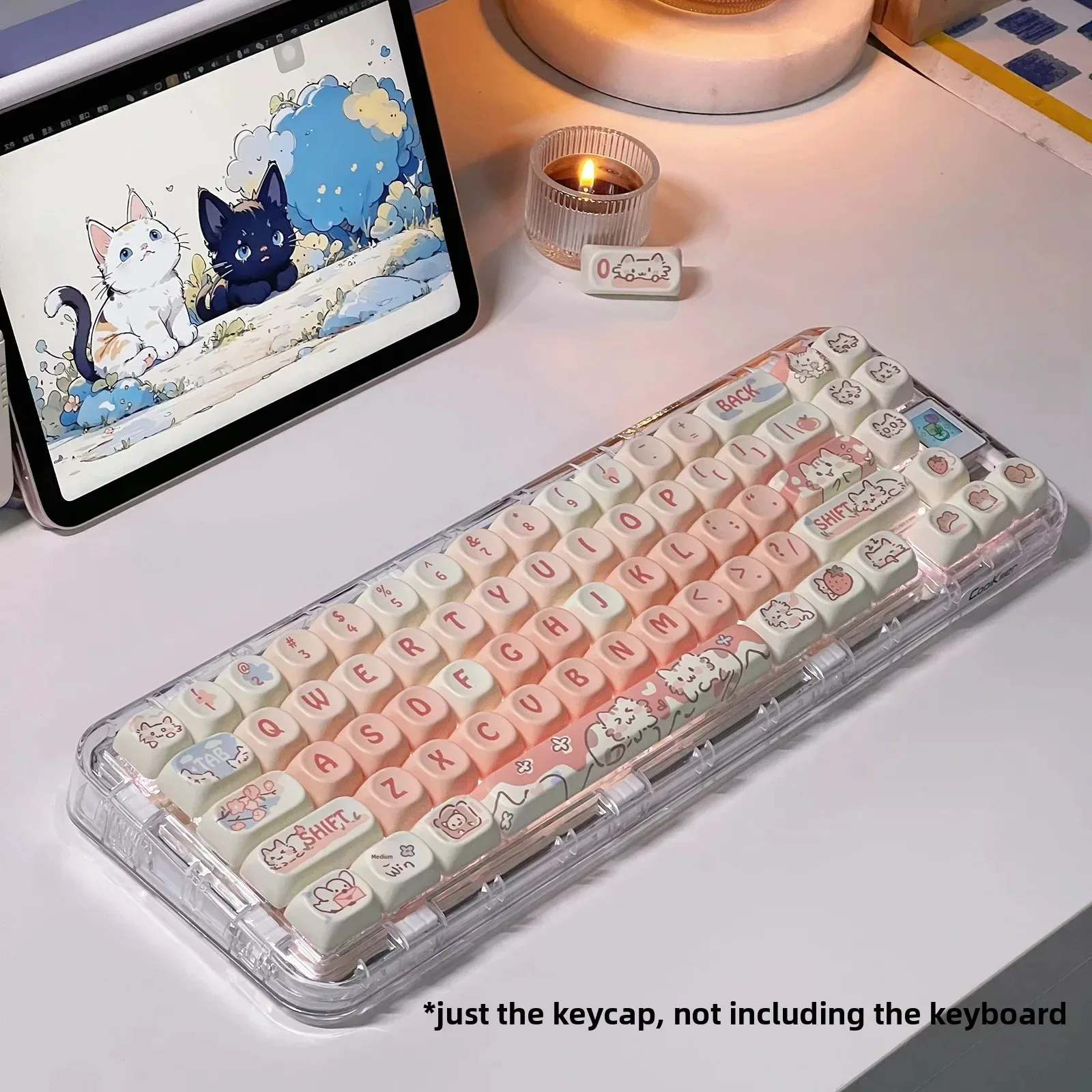 Strawberry Cat Hot Sublimation Keycaps 75 98 Full Set Mechanical Keyboard Caps Height MOA High White Light Pink Colorful Keymat