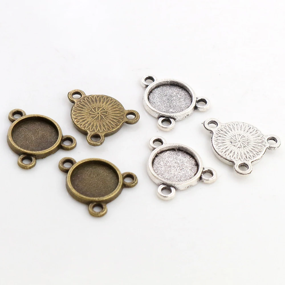 50pcs 8mm and 10 mm Inner Size Antique Bronze And Silver color Three Hanging Style Cabochon Base Cameo Setting Charms Pendant