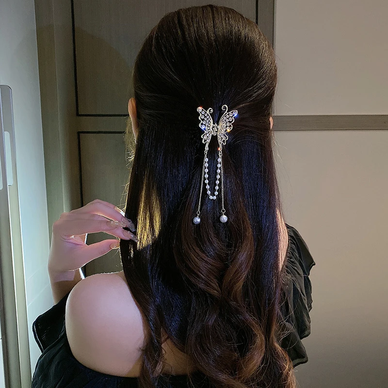 Pearl Tassel Butterfly Rhinestone Hair Claw Vintage Long Pendant Hair Clips Crab Barrette Headband Hairpin Elegant Hair Accessor