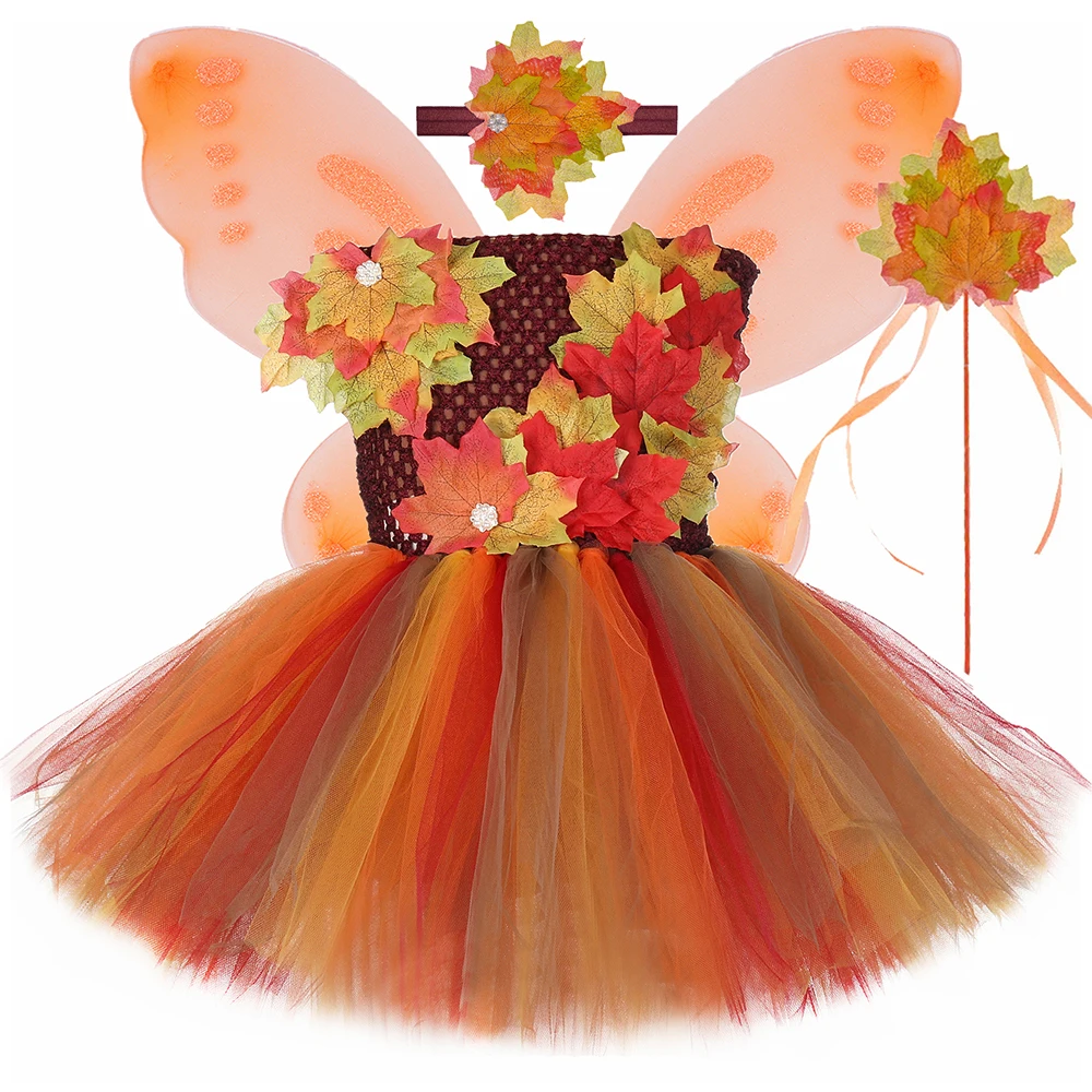 Autumn Forest Fairy Costume for Girls Maple Leaves Tulle Tutu Princess Dress Baby Kids Thanksgiving Festival Halloween Dress Up