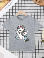 女の子のための快適なユニコーンプリントTシャツ,クリエイティブなTシャツ,軽量トップス,子供服,カジュアル