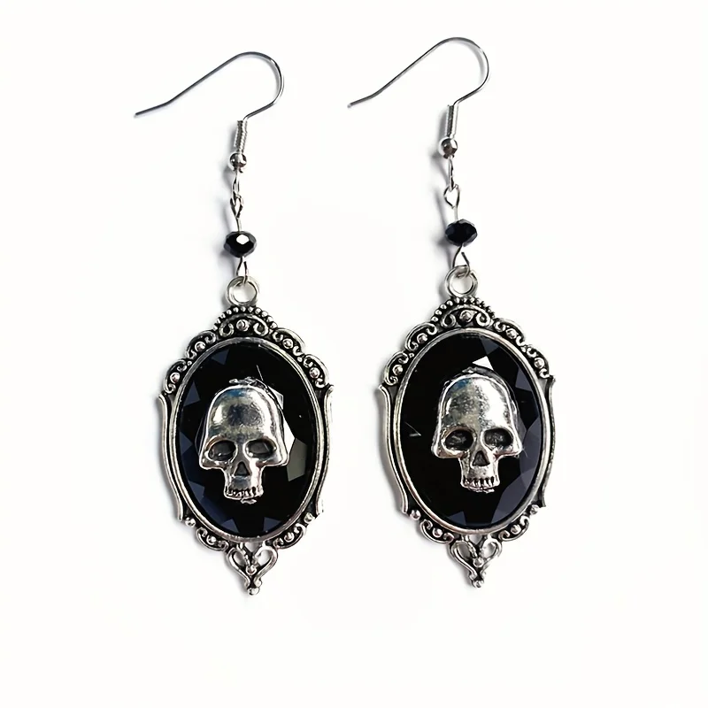 Oval Shape With Skull Pattern Black Dangle Earrings Hip Hop Style Alloy Jewelry Halloween Accessories