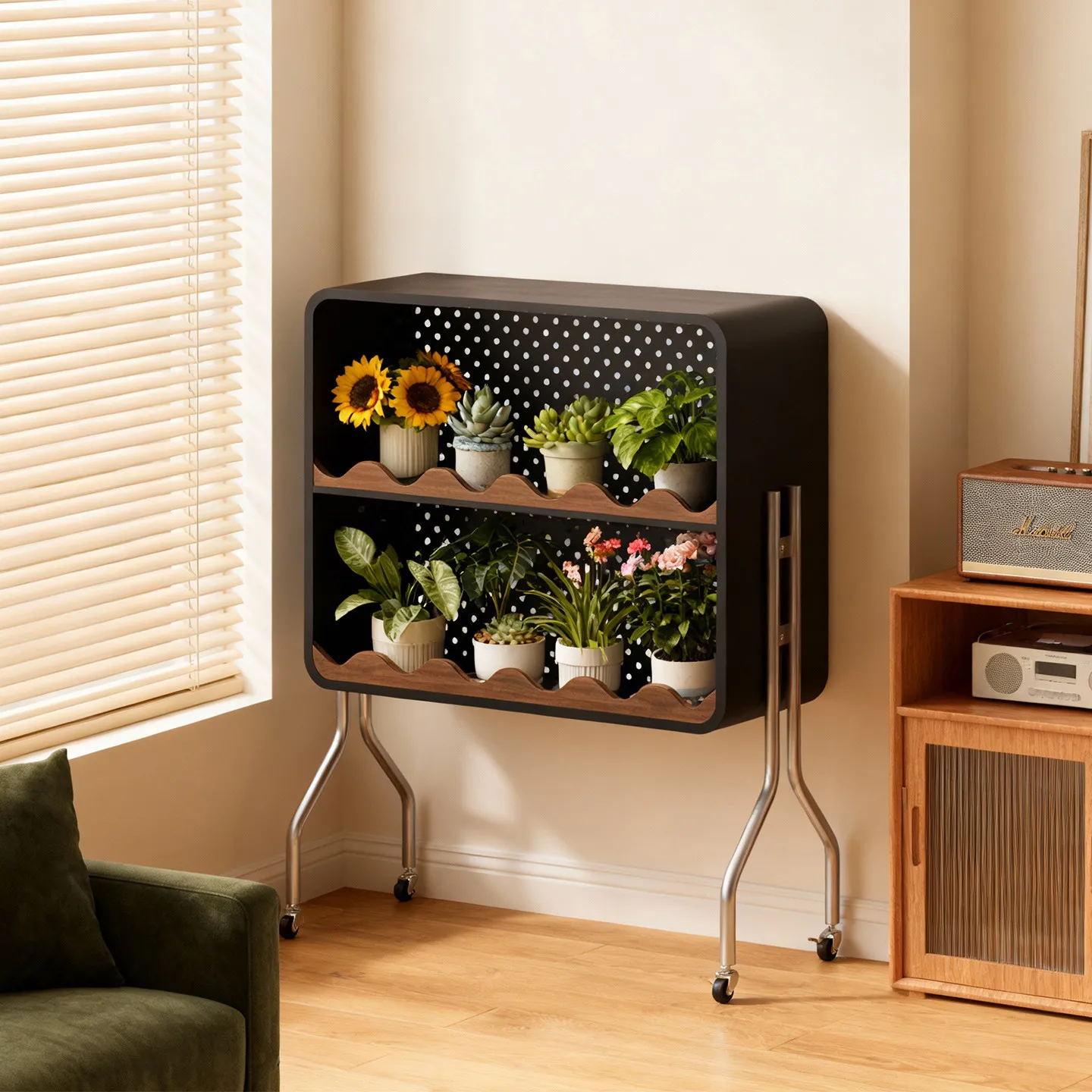 The flower stand is movable, multi-layered, and attractive for placing green plants, with a medieval style