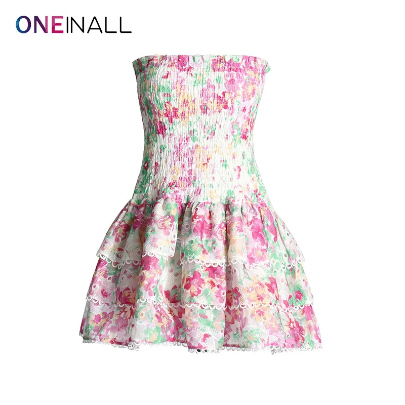 

ONEINALL Print Formal Dress For Female Strapless Sleeveless Backless High Waist Temperament Spliced Ruffled Dresses Women New