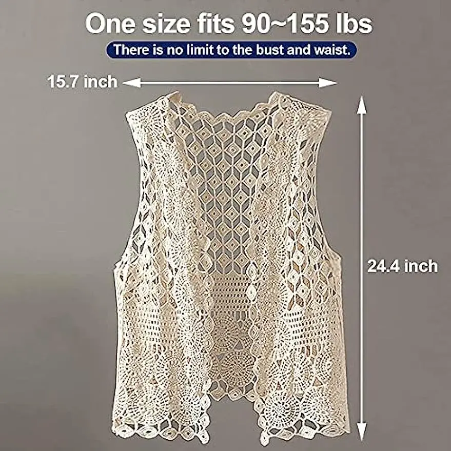 Womens Floral Crochet Lace Boho Trim Sleeveless Open Front Vest Cardigan White Beige