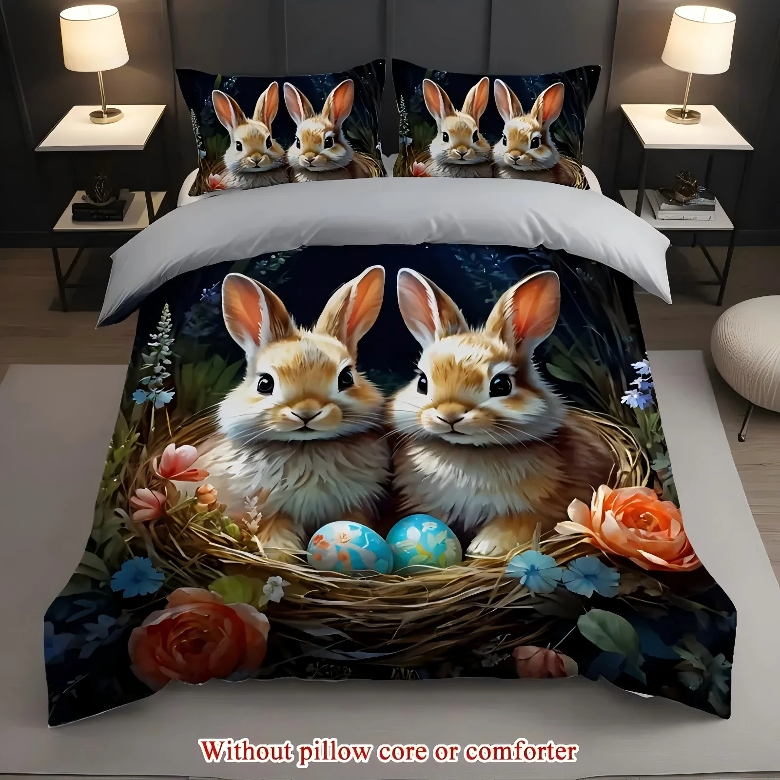 Cute Plush Rabbit Bird's Nest Flowers 3d Printed Bedding Set Cartoon Style Quilt Cover Soft Comfortable Polyester Duvet Cover