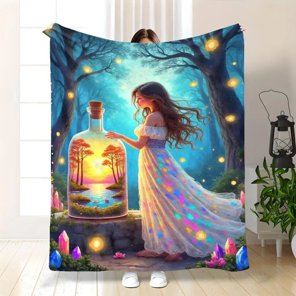 Long dress girl with a glass bottle Flannel printed blanket suitable for all seasons suitable for living room office sofa travel