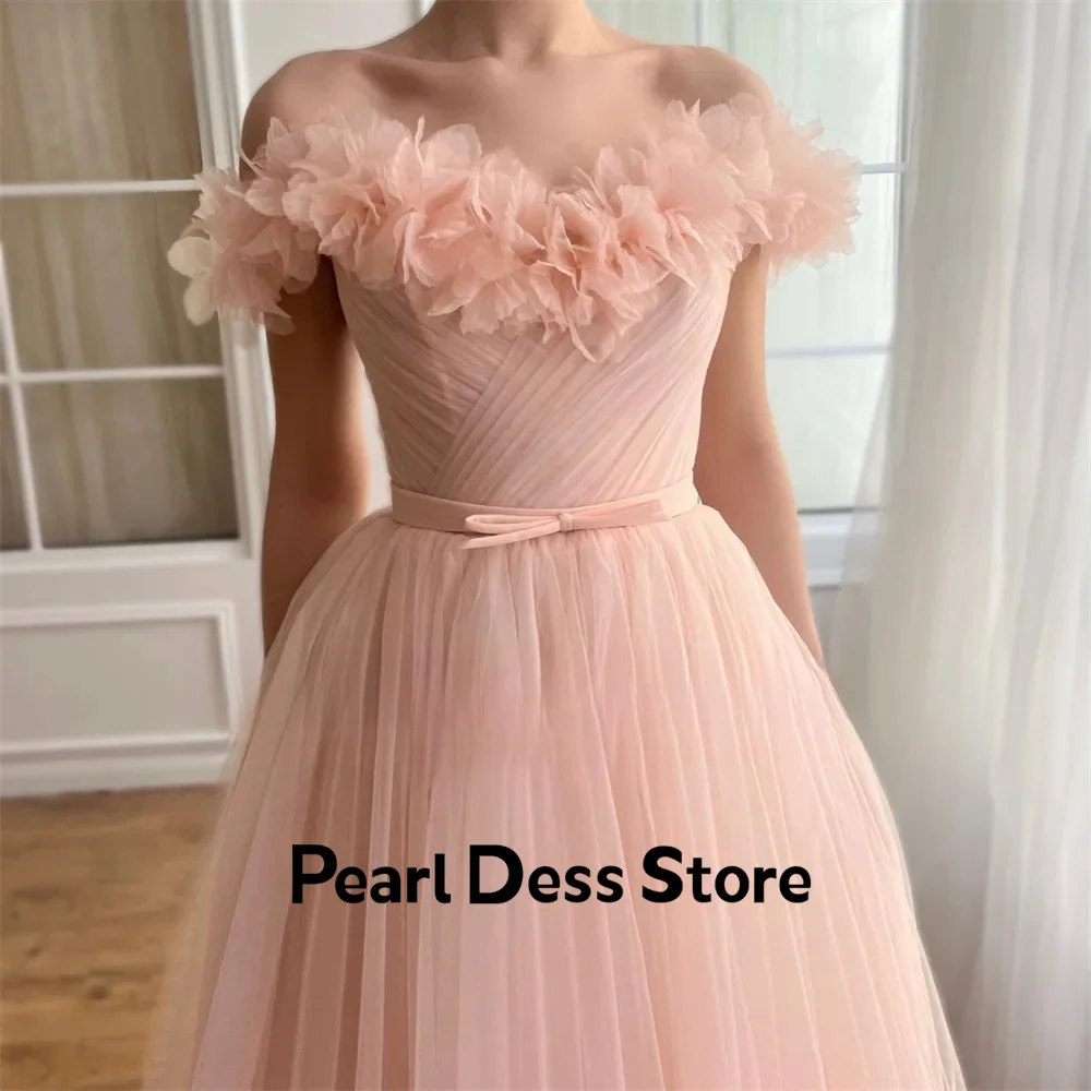 Off shoulder sheer evening dress with floral sweetheart Pastrol A-line tea long lace up back dance dress 2024