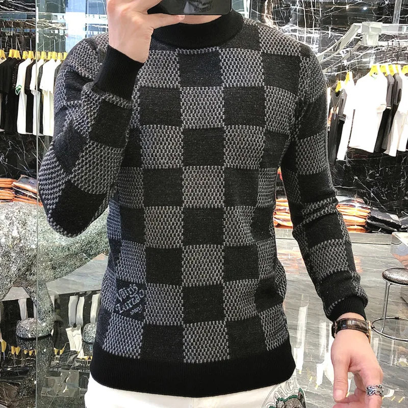 

2023 Autumn Retro Geometry Men New European Fashion Color Contrast Knitwear Sweater Men's Slim Fashion Plaid Long Sleeve Sweater