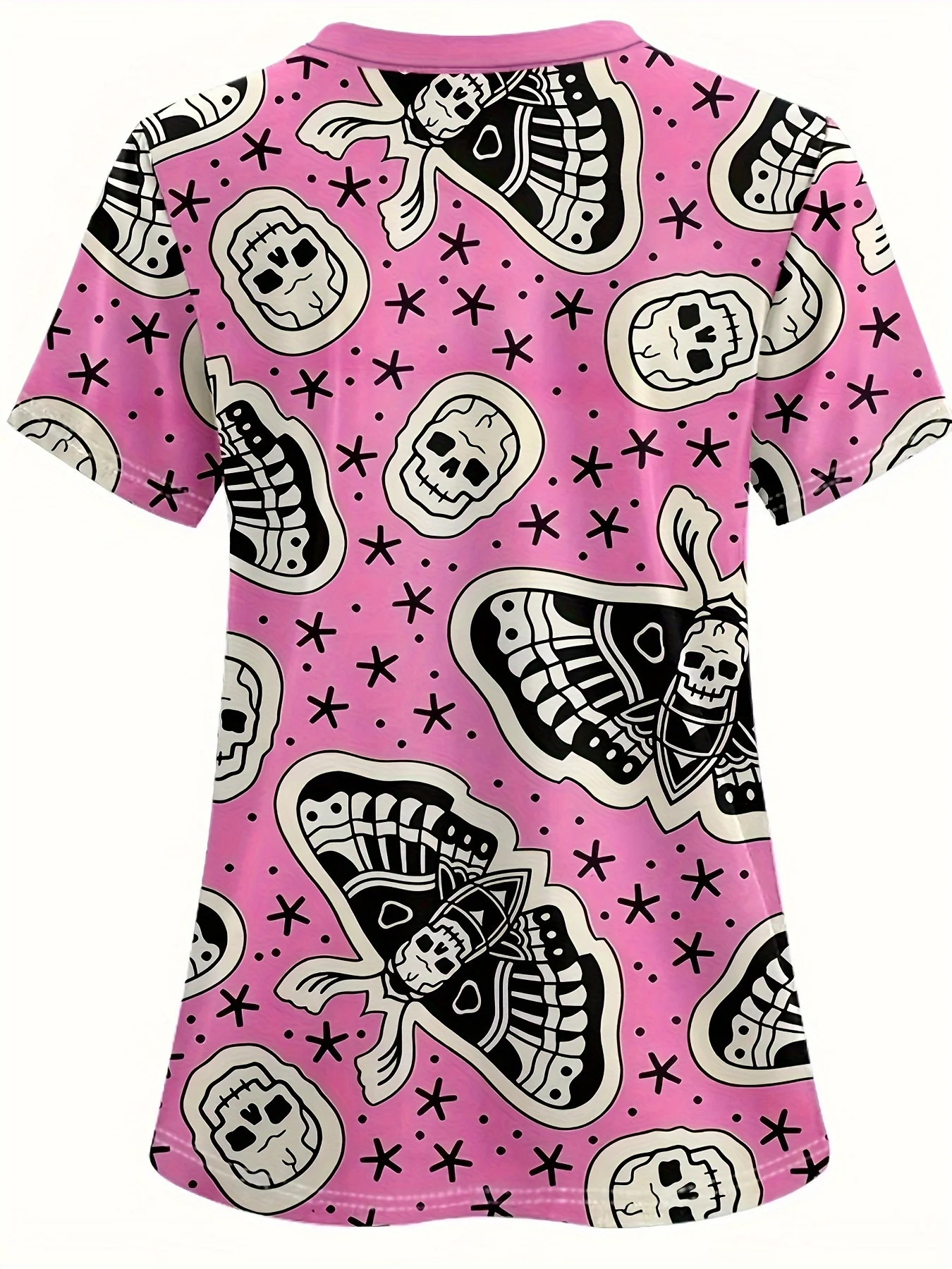 2025年夏 スケルトンバタフライプリント Vネックスクラブトップ 看護師ユニフォームトップ、病院勤務に最適 レディースワークウェア