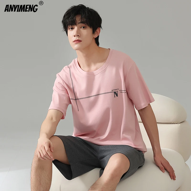 Summer Men Sleepwear Cotton Pajamas Set Short Sleeves Shorts Casual Nightwear for Boy L-3XL Young Man Pijamas Pullover Homesuits