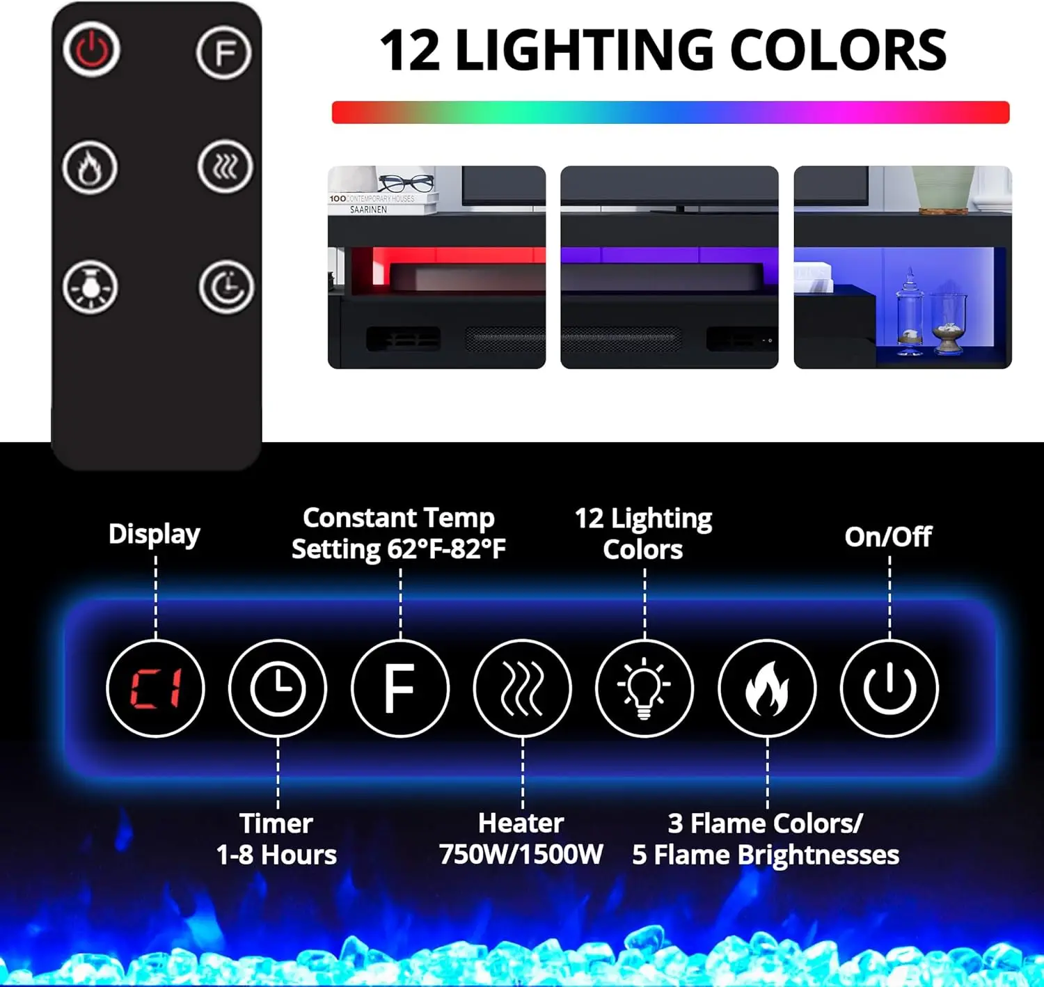 Meuble TV cheminée extra long 73.2 pouces, pour télévision jusqu'à 85 pouces, centre de divertissement à haute brillance avec foyer électrique et lumières LED