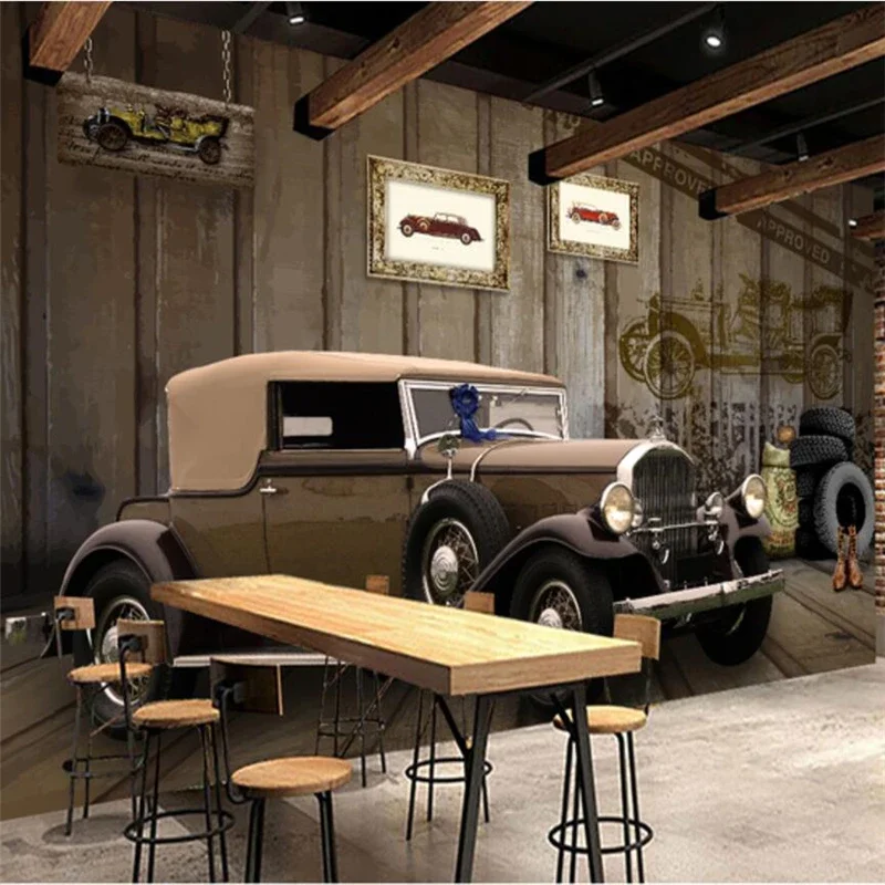 Custom Wallpaper 3d Photo Murals Stereo Retro Nostalgic Motorcycle Bar Background Painting Vintage Car Walking wall paper обои